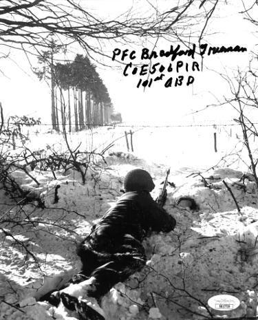 Bradford Freeman Autographed WWII Band of Brothers Vintage B&W 8x10 Photo- JSA #JJ96478- E Company 506 PIR- 101st ABD-Powers Sports Memorabilia