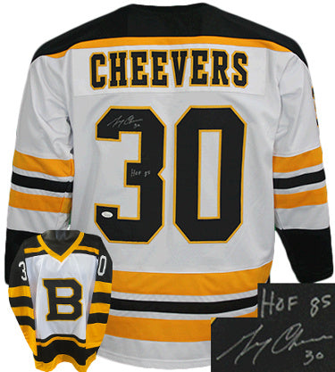 Gerry Cheevers Autographed Boston White TB Custom Stitched Pro Hockey Jersey #30 HOF 85 XL- JSA Witnessed-Powers Sports Memorabilia