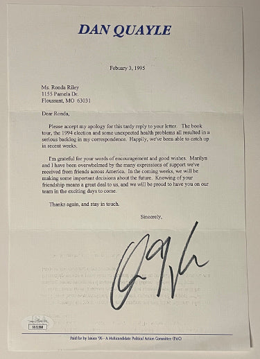 Dan Quayle Autographed 1995 Letter/Personal Stationary- JSA #SS51568- U.S. Vice President/U.S. Senator-Powers Sports Memorabilia