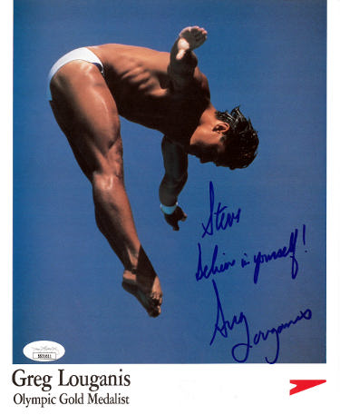 Greg Louganis Autographed Olympic Gold Medalist 8x10 Photo- JSA #SS51611- To Steve (Speedo Promo)-Powers Sports Memorabilia