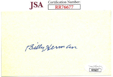 Billy Herman Autographed 3x5 Index Card- JSA #RR76677 (Cubs/Dodgers)-Powers Sports Memorabilia