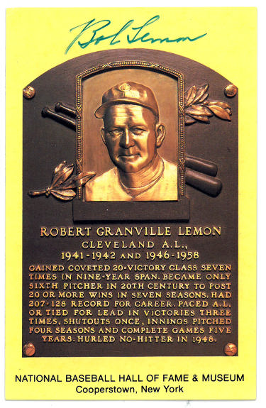 Bob Lemon Autographed Hall of Fame Plaque Card- JSA #RR76647 (3.5x5.5) (Cleveland Indians)-Powers Sports Memorabilia