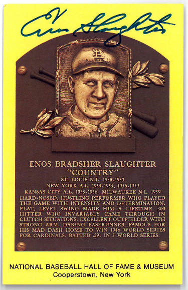 Enos Slaughter Autographed Hall of Fame Plaque Card- JSA #RR76639 (3.5x5.5) (Cardinals/Yankees)-Powers Sports Memorabilia