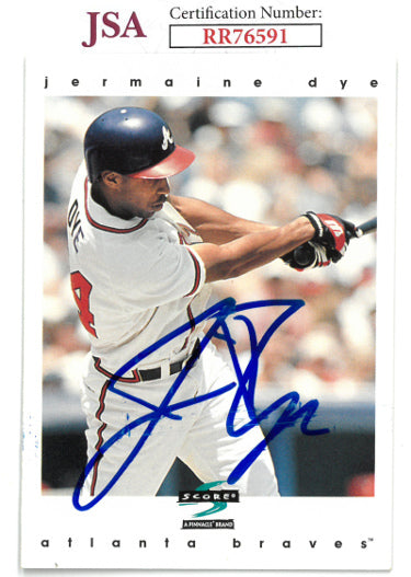Jermaine Dye Autographed 1996 Score Baseball Card #141- JSA #RR76591 (On Card Auto/Atlanta Braves/WS MVP)-Powers Sports Memorabilia