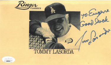 Tom/Tommy Lasorda Autographed 8.5x5 Ringor Classics Card To Eugene Good Luck- JSA #LL60274 (Los Angeles Dodgers)-Powers Sports Memorabilia
