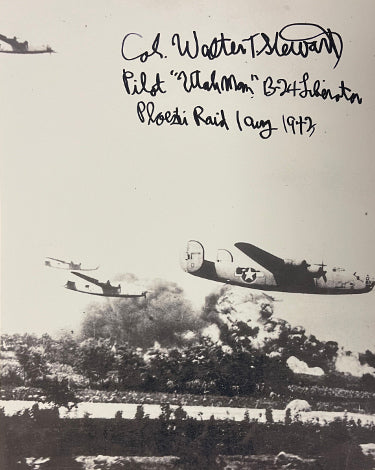 Col Walter Stewart Autographed WWII Vintage B&W 8x10 Photo- PSA #AD31983- Pilot "Utah Man" B-24 Liberator/Ploesti Raid/1 August 1943-Powers Sports Memorabilia