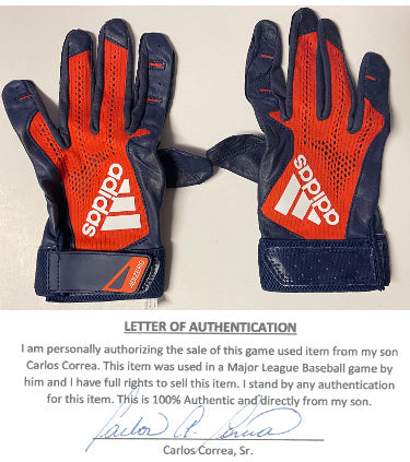 Carlos Correa Game Worn Used Adidas Navy/Orange CC1 Batting Gloves XL PR-Powers Sports Memorabilia