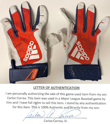 Carlos Correa Game Worn Used Adidas White/Blue CC1 Batting Gloves XL PR-Powers Sports Memorabilia