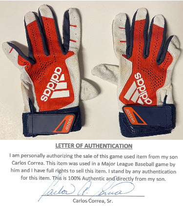 Carlos Correa Game Worn Used Adidas White/Blue CC1 Batting Gloves XL PR - CTBL_032089-Powers Sports Memorabilia