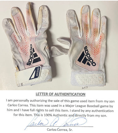 Carlos Correa Game Worn Used Adidas White CC1 Batting Gloves XL PR-Powers Sports Memorabilia