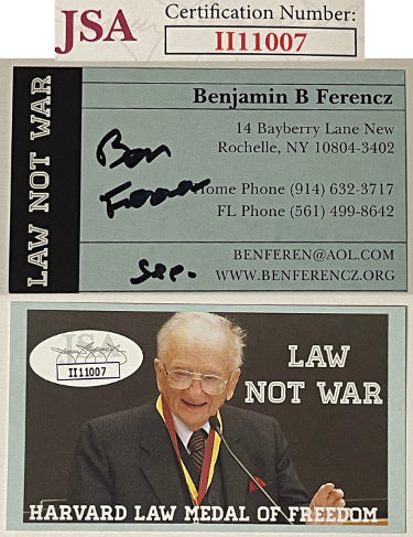 Ben/Benjamin Ferencz Autographed Law Not War 2x3.5 Business Card- JSA #II11007- WWII Nuremberg Trials- Courtroom Prosecutor-Powers Sports Memorabilia