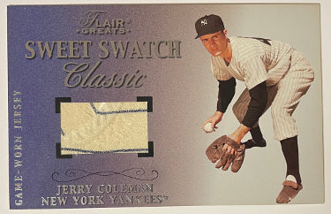 Jerry Coleman 2003 Fleer/Flair Greats Box Topper Sweet Swatch Classic Game Worn NY Yankees Jersey Relic 5x7.75 Card #192/528-Powers Sports Memorabilia