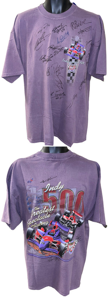 2002 Indianapolis 500 Logo VIP T-Shirt Autographed/21 sigs?Çô JSA LOA Helio Castroneves/Feliepe Giaffrone/Sarah Fisher/Michael Andretti-Powers Sports Memorabilia