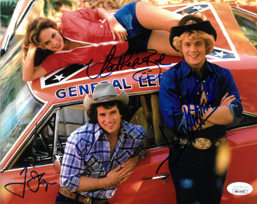 Dukes of Hazzard Autographed 3 Sig 16x20 Photo- JSA Witnessed Tom Wopat (Luke)/John Schneider (Bo) & Catherine Bach (Daisy) - CTBL_033748-Powers Sports Memorabilia