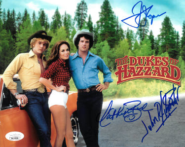 Dukes of Hazzard Autographed 3 Sig 16x20 Photo- JSA Witnessed Tom Wopat (Luke)/John Schneider (Bo) & Catherine Bach (Daisy)-Powers Sports Memorabilia