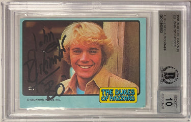 John Schneider Autographed 1980 Dukes of Hazzard Trading Card #21 w/ Bo- BAS/Beckett Graded 10 Autograph-Powers Sports Memorabilia