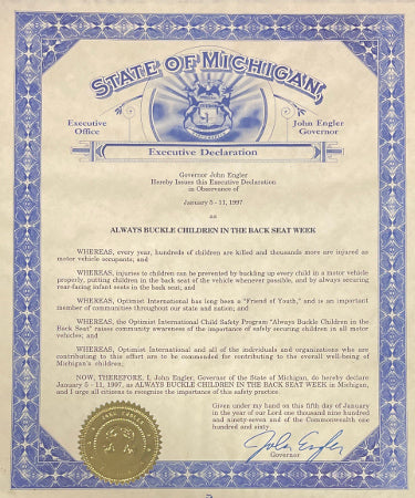 Governor John Engler Autographed State of Michigan 11x14 Exeuctive Declaration w/ Seal- COA-Powers Sports Memorabilia