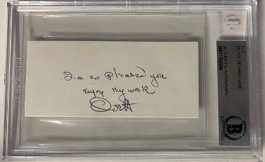 Olivia de Havilland Autographed 3.5x2 Cut Signature w/ I?ÇÖm So Pleased You Enjoy My Work?Çô BAS/Beckett Encapsulated (Academy Award Actr-Powers Sports Memorabilia