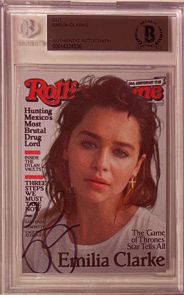 Emilia Clarke Autographed Rolling Stone Mini Cover Cut 2.5x3.5- Beckett/BAS Encapsulated (Game of Thrones)-Powers Sports Memorabilia