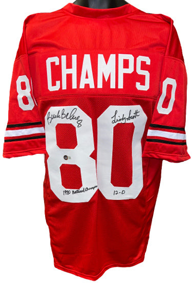 Buck Belue & Lindsay Scott dual Autographed Georgia Red Custom Stitched College Jersey XL- Beckett w/12-0 & 1980 National Champs Insc-Powers Sports Memorabilia