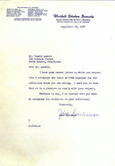 Senator John Sparkman Autographed United States Senate Typed Letter ?Çô COA (September 15, 1952/ Democratic/Alabama)-Powers Sports Memorabilia