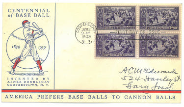 1839-1939 Centennial Of Baseball First Day Cover Cachet Cooperstown Stamped/4 Stamp Block-Powers Sports Memorabilia