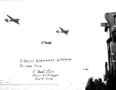 Julian "Bud" Rice Autographed WWII C-47 Pilot B&W 8x10 Photo- PSA #AD31997- D-Day+1/Normandy/37th Sqdn/316 TCG/Glider Tow/6-7-1944-Powers Sports Memorabilia