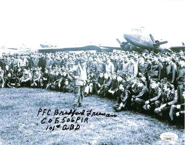 Bradford Freeman Autographed WWII Band of Brothers Vintage B&W 8x10 Photo- JSA #AC92762- E Company 506 PIR- 101st ABD-Powers Sports Memorabilia