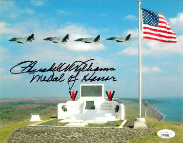 Hershel W. Williams Autographed WWII Memorial on Mt Suribachi 8x10 Photo- JSA #AC92785- Medal of Honor/Iwo Jima-Powers Sports Memorabilia