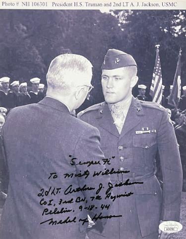 Arthur J. Jackson Autographed Vintage WWII B&W 8x10 Photo- JSA #AC92793- Misty Williams/Semper Fi/Peleliu /Medal of Honor-Powers Sports Memorabilia