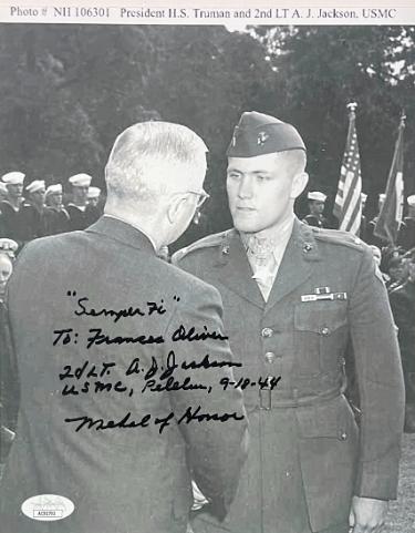 Arthur J. Jackson Autographed Vintage WWII B&W 8x10 Photo- JSA #AC92792- To Frances Oliver/Semper Fi/USMC Peleliu /Medal of Honor-Powers Sports Memorabilia