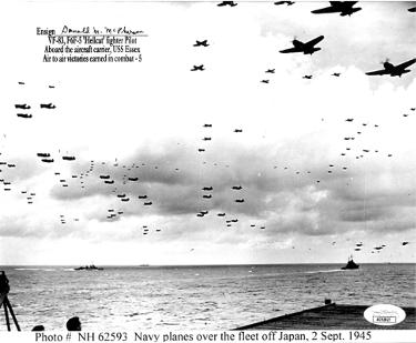 Donald McPherson Autographed WWII Vintage B&W 8x10 Photo- JSA #AC92827- US Navy Hellcat Fighter Ace Pilot/USS Exxex Japan 9-2-45-Powers Sports Memorabilia