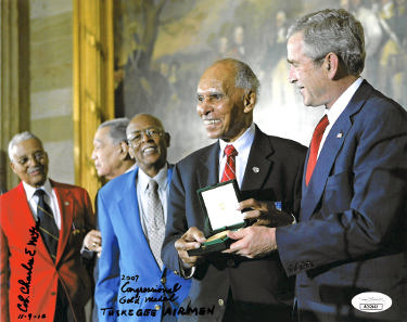 Charles E. McGee Autographed WWII Tuskegee Airmen 8x10 Photo- JSA #AC92642- 2007 Congressional Gold Medal w/ President George W. Bush-Powers Sports Memorabilia