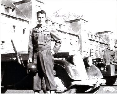 Francis Sanza Autographed WWII Vintage B&W 8x10 Photo- JSA #AC92651 (General Patton's Jeep Driver 3rd Army)-Powers Sports Memorabilia