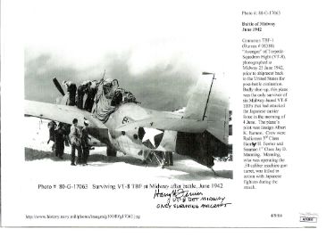 Harry Ferrier Autographed WWII 1942 Battle of Midway Vintage 7.5x11 Photo- JSA #AC92653- VT-8/Only Surviving Aircraft-Powers Sports Memorabilia