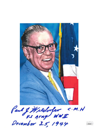 Paul Wiedorfer Autographed WWII Medal of Honor Color 8.5x11 Photo- JSA #AC92670- US Army 1944-Powers Sports Memorabilia