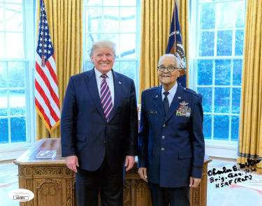 Charles E. McGee Autographed 8x10 Photo w/ POTUS Donald Trump- JSA #AC92695- imperfect-WWII/Korea/Vietnam/Tuskegee Airmen/Red Tails-Powers Sports Memorabilia