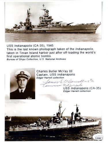 James E. O'Donnell Autographed WWII Vintage B&W 8.5x11 Photo- JSA #AC92699- Survivor/USS Indianapolis 1945-Powers Sports Memorabilia
