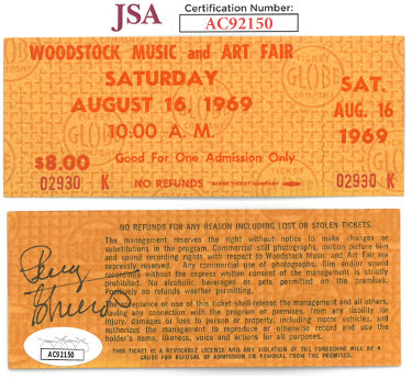 Penny Stallings Autographed 1969 Woodstock Music & Art Fair JSA?ÇôUltra Rare $8 Saturday One Day Full Unused Ticket August 16, 1969-Powers Sports Memorabilia