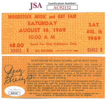 Penny Stallings Autographed 1969 Woodstock Music & Art Fair JSA?ÇôUltra Rare $8 Saturday One Day Full Unused Ticket August 16, 1969 - CTBL_034386-Powers Sports Memorabilia