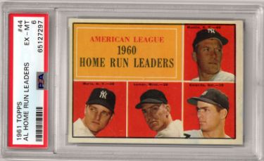 1961 Topps AL Home Run Leaders Card #44- Roger Maris/Mickey Mantle- PSA Graded 6 EX-MT (w/Rocky Colavito/Jim Lemon)-Powers Sports Memorabilia