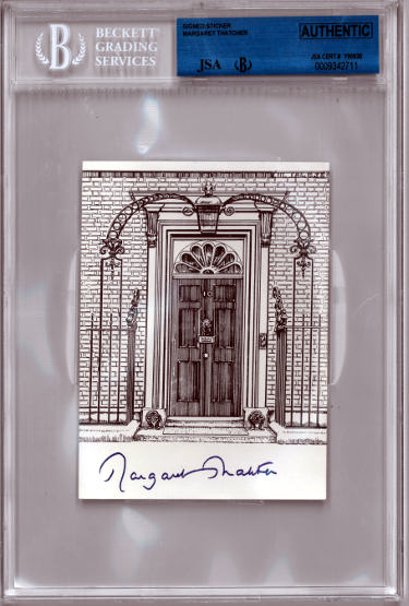 Margaret Thatcher Autographed 3.5x5 - JSA & Beckett Encapsulated (United Kingdom Prime Minister/10 Downing St Sticker)-Powers Sports Memorabilia