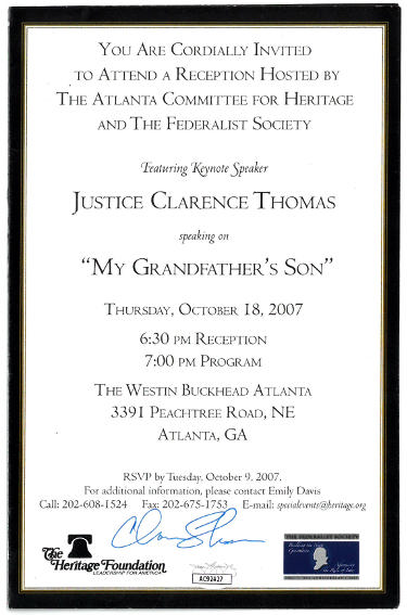 Supreme Court Justice Clarence Thomas Autographed 2007 Reception Invitation- JSA #AC92427 (Atlanta Heritage & The Federalist Society)-Powers Sports Memorabilia