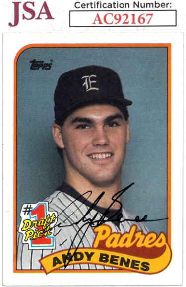 Andy Benes Autographed 1989 Topps #1 Draft Pick Rookie Card (RC) #437- JSA #AC92167 (San Diego Padres/On Card Auto)-Powers Sports Memorabilia