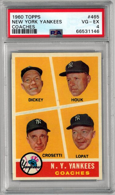 1960 Topps New York Yankees Coaches Card #465- PSA Graded 4 VG-EX (Bill Dickey/Frank Crosetti/Ralph Houk/Ed Lopat)-Powers Sports Memorabilia