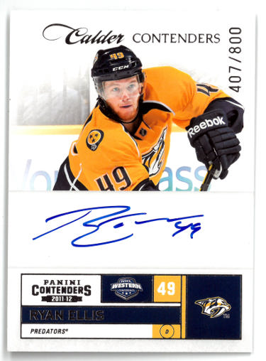 Ryan Ellis Autographed 2011-12 Panini Contenders Calder Rookie Hockey Card (RC) #220- 407/800 (Nashville Predators)-Powers Sports Memorabilia