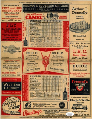 1938 Chicago Cubs/St. Louis Cardinals 11x14 Official 5 Cent Score Card 5 Sigs: Stan Hack/C. Grimm/B. Logan/C. Root/L. Frey?Çô JSA-Powers Sports Memorabilia