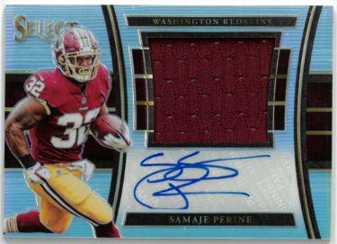 Samaje Perine Autographed 2017 Panini Select Auto/Patch Rookie Card (RPA/RC) #JM-SP- 97/99 (Commanders/49ers)-Powers Sports Memorabilia