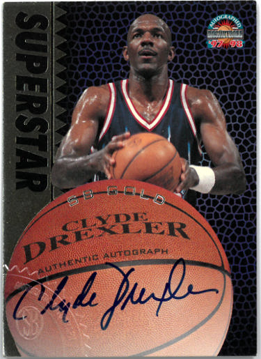 Clyde Drexler Autographed 1997-98 Score Board Gold Superstar Auto Card (Trail Blazers/Rockets)-Powers Sports Memorabilia