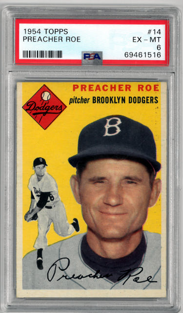 Preacher Roe 1954 Topps Baseball Card #14- PSA Graded 6 EX-MT (Brooklyn Dodgers)-Powers Sports Memorabilia